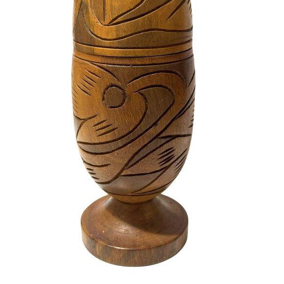 Vintage Hand Carved Wooden 2-Piece Pedestal Vase Etched Floral Design 13" MCM - Picture 4 of 9